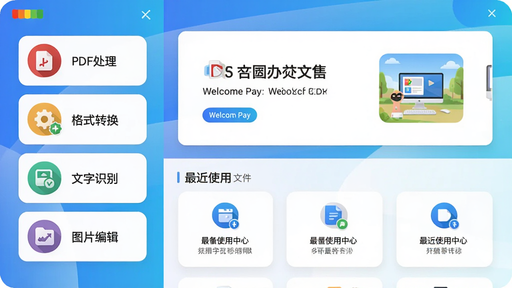 图片展示彩虹办公中心主界面,左侧功能列表包含PDF处理、格式转换、文字识别、图片编辑等模块,右侧为欢迎页和最近使用文件卡片,整体采用蓝白渐变主色调,扁平化设计风格,界面布局清晰,图标圆润精致,画质清晰干净,无多余元素。