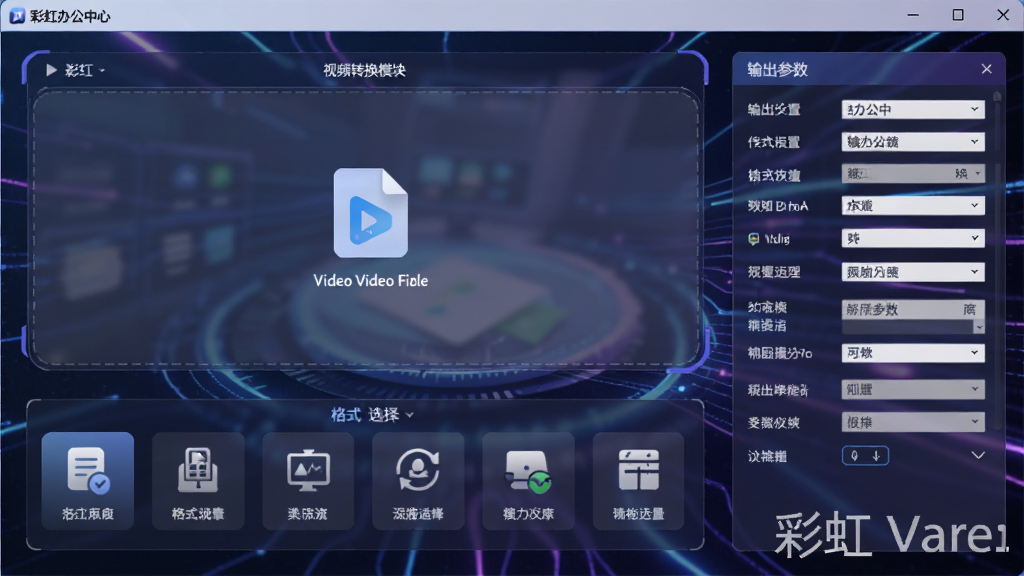 展示彩虹办公中心视频转换模块,中央为视频文件拖拽区域,下方为格式选择图标阵列,右侧为输出参数设置面板,整体界面简洁,使用蓝紫色科技感色调,软件名称作为水印出现在界面右下角,风格现代,画质清晰。