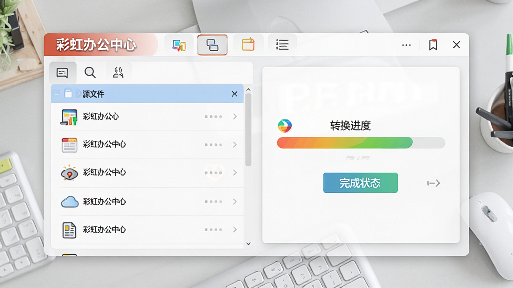 展示彩虹办公中心PDF转换功能操作界面,左侧源文件列表,右侧显示转换进度条与完成状态,背景为浅灰色工作台,软件名称“彩虹办公中心”在顶部工具栏清晰可见,界面采用卡片式布局,色彩明快,细节丰富,画质干净。