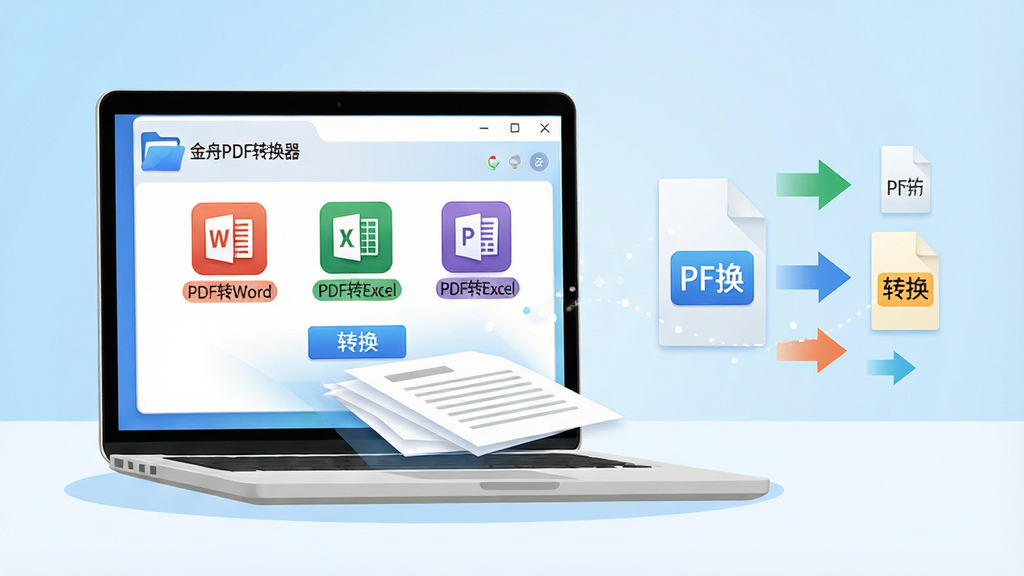 ���壺һ̨�ִ��ʼǱ�������Ļ��ʾ����PDFת���������棬��������չʾ��PDFתWord����PDFתExcel���Ȳ�ɫ����ͼ�꣬�Ա���ֽ���ļ����ڱ����ֻ�������Ļ���Ӿ�Ч�������֣�����λ�ڻ�������ƫ���Ҳ����״������Ÿ�ʽת���ļ�ͷʾ��ͼ�������Ű�ƽ�⡣��񣺱�ƽ������廭���ɫ�����죬����Ϊǳ��ɫ���䣬�ɾ����ࡣϸ�ڣ��������ڱ�������ʾ������PDFת��������ͼ��Ϊ��ɫ�ļ������ͣ����水ť����Ϊ���ġ����ʣ����壬�ɾ����޶���Ԫ�ء�