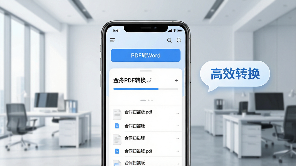 ���壺һ�������ֻ���Ļ��ʾ����PDFת�������ƶ��˽��棬�Ϸ��С�PDFתWord����ť���·����ļ��б�������Ϊ���칫¥�����֣��ֻ�λ�ڻ������룬�Ҳ��������ġ���Чת�����������ݡ����дʵ������UI��ϣ�ɫ��ǳ�����ɫΪ����ϸ�ڣ��ֻ���Ļ���ļ���Ϊ����ͬɨ���.pdf����ת��������Ϊ��ɫ�����ʣ����壬�ɾ����޶���Ԫ�ء�