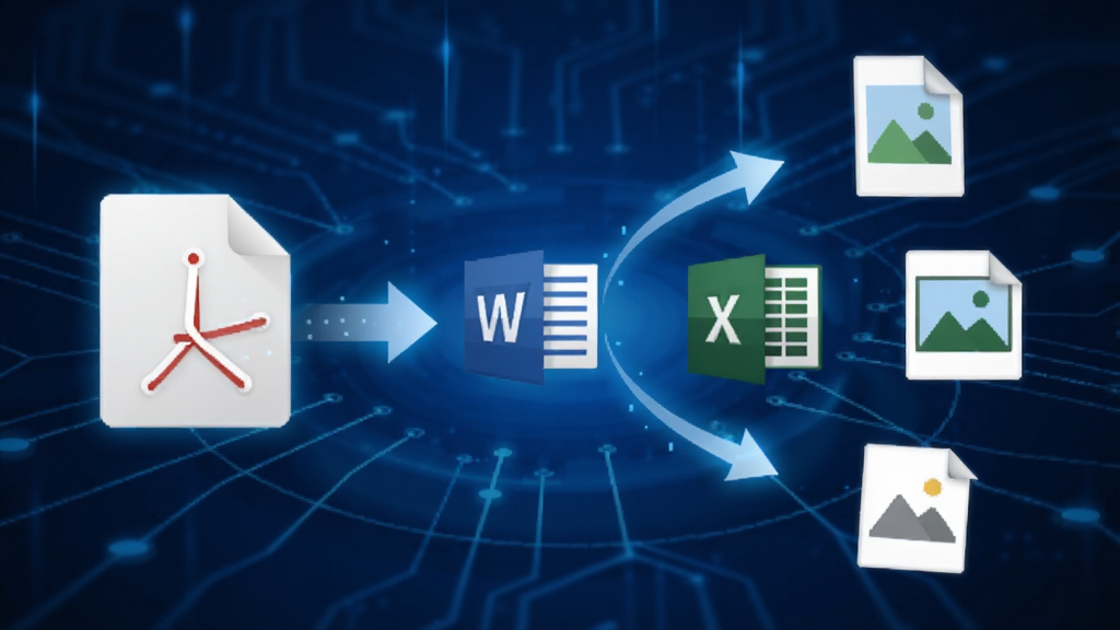 ����PDF�Ķ�����ʽת������ʾ��ͼ��չʾһ��PDF�ļ�ͼ��ͨ����ͷָ��Word��Excel��ͼƬ���ļ���ʽͼ�꣬����Ϊ�Ƽ��й�Ч����ɫ��Ϊ����������Ƽ�����ˣ�ͻ��ת���Ķ��������Ч�ԣ����ʸɾ����޶���Ԫ�ء�