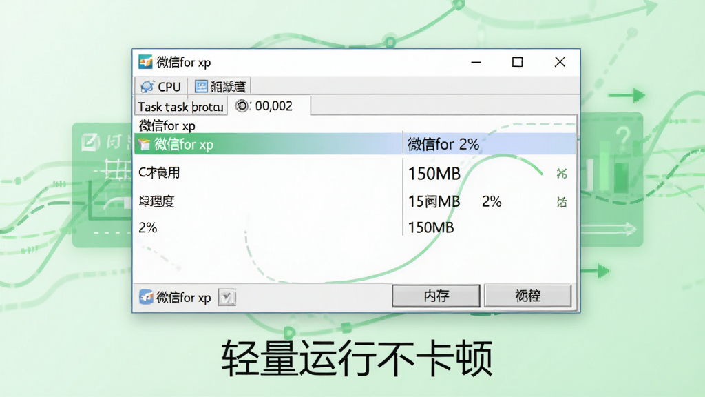 ���壺һ�ŵ��������������ͼ����ʾ��΢��for xp�����̵�CPUռ���ʽ�Ϊ2%���ڴ�ռ��Ϊ150MB�����֣���ͼ���У���Χ�԰�͸������ɫ��������װ�Σ�������Ч�������Ű棺��ͼռ��Ҫ������·���һ�����֡��������в����١�����񣺱�ƽ����Ϣͼ��񣬱���Ϊ����ɫ���䡣ϸ�ڣ�����������е���ֵ�����ɼ�����΢��for xp��������������ʾ�����ʣ��ɾ��������޶���Ԫ�ء�