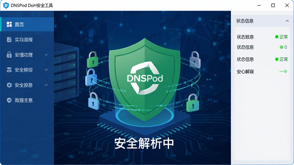 ���壺һ����Ϊ��DNSPod DoH��ȫ���ߡ����������棬����������һ��������ɫ����ͼ�꣬�����ϴ���DNSPod��LOGO��������Χ�����ż�����������������������Ϊ����ɫ�Ƽ����������磬�·��С���ȫ�����С������������֣��������������չʾ�����Ϊ���ܵ��������Ҳ�Ϊ״̬��Ϣ��塣�Ű棺���������ͼ�������ֶ������������ִ���ƽ����ƣ��Ƽ������ɫΪ��ɫ����ϸ�ڣ������ϵ����������ɶ���״ָ̬ʾ����ʾ��ɫ���������廭�ʸ��塢�ɾ����޶���Ԫ�ء�