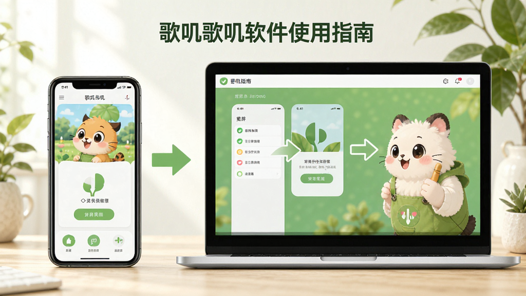 歌叽歌叽软件使用指南示意图,画面展示手机和电脑两种设备上运行软件的场景,界面友好,操作流程通过箭头标注,整体风格清新自然,细节清晰,画质干净。