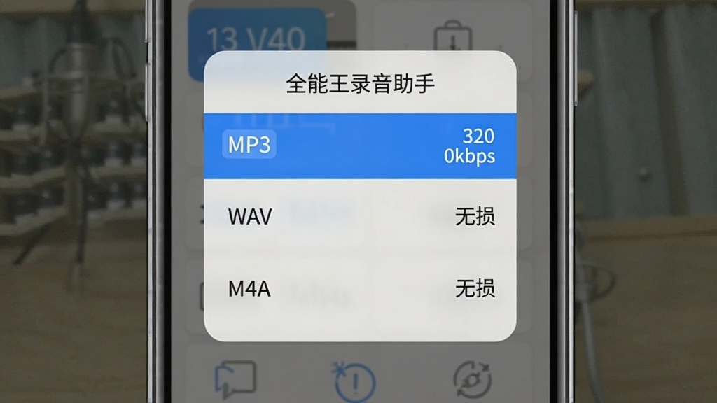 ȫ����¼�����ָ�ʽѡ����棬����Ϊ�ֻ���Ļ������ʽѡ��˵����б���ʾMP3��WAV��M4Aѡ���ע��320kbps�����������������־��е�����ʽ�����ǳ�ҵ�����ɫ������ϸ�ڰ����������ƣ����ʸɾ�����