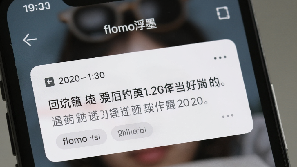 flomo浮墨卡片笔记在手机上的每日回顾通知界面,屏幕显示一条卡片内容,背景模糊,带有时间与标签,排版简洁,画质干净。