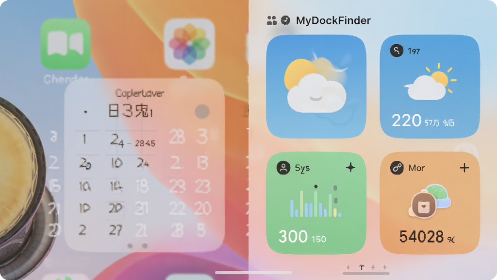 MyDockFinder��Ļ�Ҳ໬��֪ͨ���Ľ��棬չʾ������������ϵͳ��ص�С�������Ƭʽ���֣�Բ����ƣ�ɫ����ͣ���������£����ʸ��壬�ɾ��޶���Ԫ��
