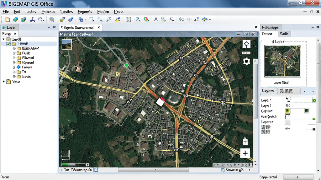 һ��չʾBIGEMAP GIS Office������ȫò�ĵ��Խ�ͼ�����Ϊͼ�������壬�м�Ϊ��Դ���ߵ�ͼ������ڣ���ʾ�߷ֱ�������Ӱ����ʸ��·������Ч�����Ҳ�Ϊͼ����ʽ�����Ա༭��壬���������������ɼ���������沼��רҵ��ɫ����ࡢ�����������޶���Ԫ��