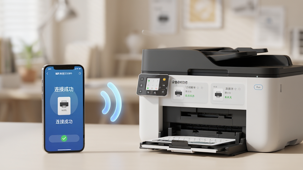 ͼ������Ϊ����ǻ۴�ӡ���������С��豸����������ҳ��ǰ����һ�������ֻ���һ̨�ִ���ӡ�����ֻ���Ļ��ʾ�豸���ӳɹ��Ķ���������Ϊ���й�ͼ����ӡ��λ���Ҳ࣬�ֻ�λ����֮࣬���з���������źŻ������ӡ��Ű�ֱ�ۣ����濨Ƭʽ������ʾ�����ӵĴ�ӡ���ͺ�������״̬�����Ϊ3D��Ⱦ��񣬹�Ӱ��ͣ��豸�ʸ���ʵ��ϸ���ϣ��ֻ���Ļ����ʾ�����ӳɹ��������������黯���������ʸ��壬����ɾ����޶���Ԫ�ء�
