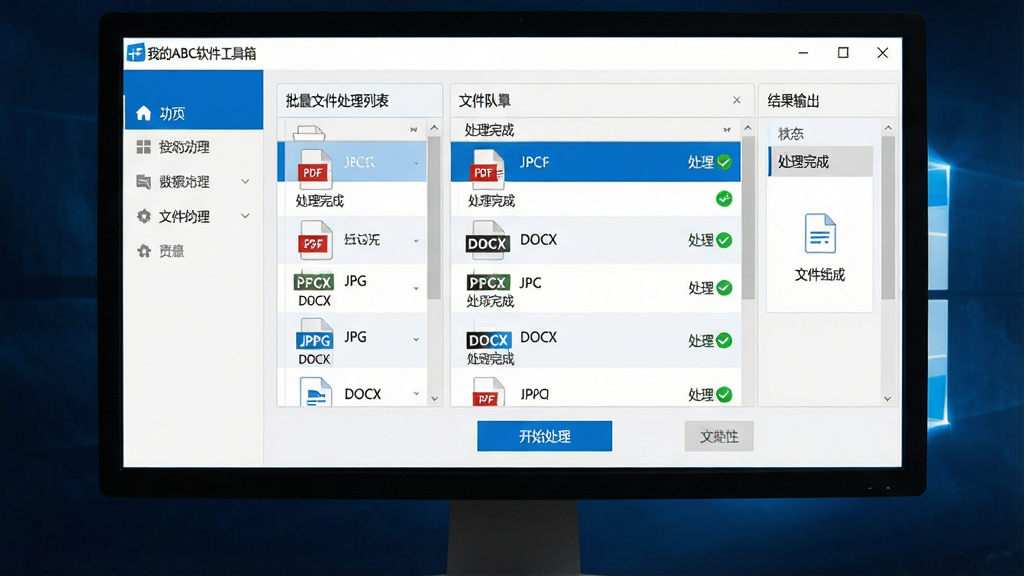 ���壺һ̨�����š��ҵ�ABC���������䡱��Windows������Ļ��д����������չʾ�����ļ������б������֣���Ļ���У������������ļ���������������򣬵ײ��С���ʼ��������ť���Ű棺������ÿ�Ƭʽ���֣���๦�ܵ������Ҳ��ļ����У����������򡣷�񣺱�ƽ����ƣ���ɫ��ɫ���������ɫ������ǳ�ұ߿��ִ���ǿ��ϸ�ڣ��ļ��б���ʾ��ͬ��ʽͼ�꣨��PDF��JPG��DOCX����״̬����ʾ��������ɡ���ɫ�Թ������ʣ����壬�ɾ����޶���Ԫ�ء�