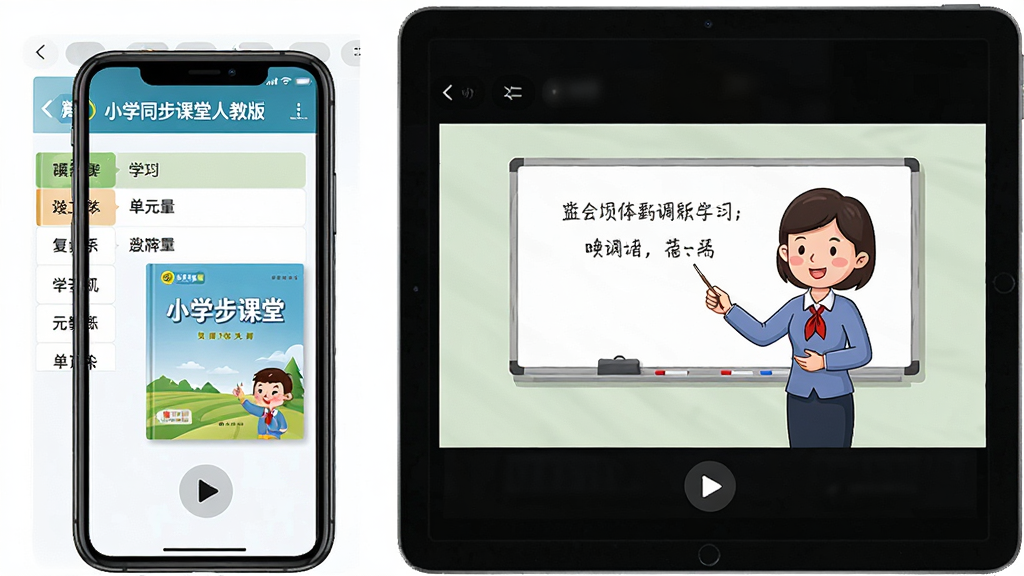 �ֻ���ƽ�岢�Űڷţ���Ļ��ʾ��Сѧͬ�������˽̰桱ѧϰ���棬����ǿα���Ԫ�б����Ҳ�����Ƶ���⻭�棬һλ��ͨ��ʦ���ڰװ�ǰ�ڿΣ����岼���������Ű���������дʵ��ͨ��ϸ���пα����桢���Ű�ť�����ʸ��壬�ɾ����޶���Ԫ��