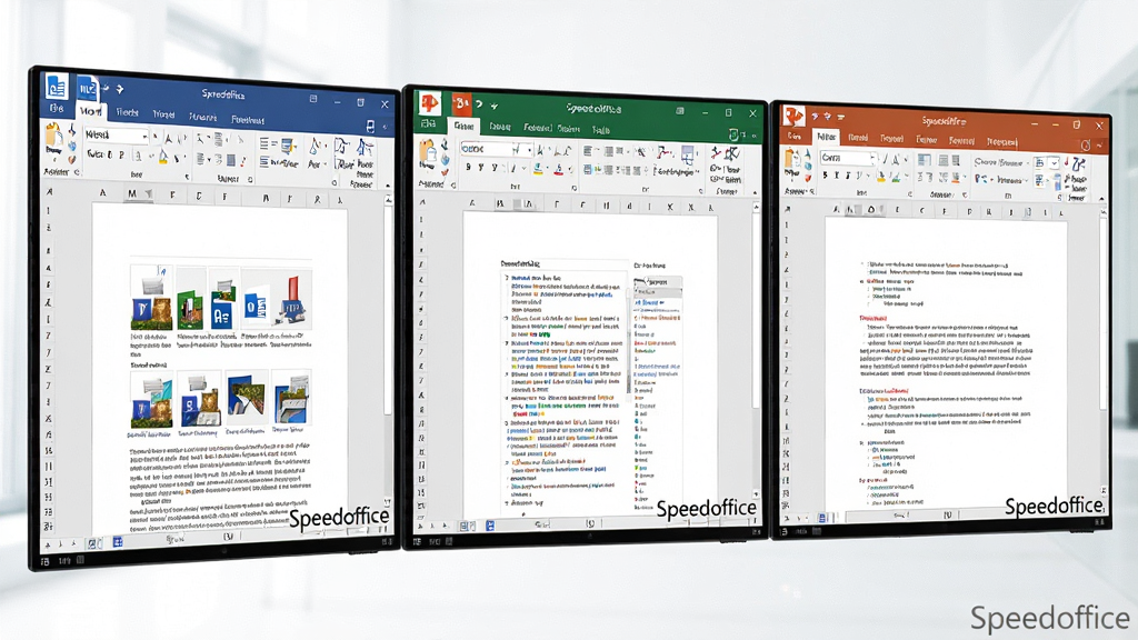 主体:Speedoffice软件界面中同时打开Word、Excel、PPT三个不同格式的文档窗口,每个窗口都显示清晰的内容和工具栏。布局:采用三联屏并列展示,突出多格式兼容特性。风格:商务办公风格,色调明亮,细节:每个窗口标题栏显示对应文件格式图标,底部有“Speedoffice”水印,画质干净,无多余元素。