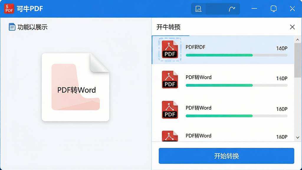 ����չʾͼ��չʾ����ţPDF��ת�����ܽ��棬���ѡ��PDFתWord�����Ҳ��ļ��б����ж��PDF�ļ�����ת���������������ɼ��������·��С���ʼת������ɫ��ť������ɫ�������������������ɾ��޶���Ԫ�ء�