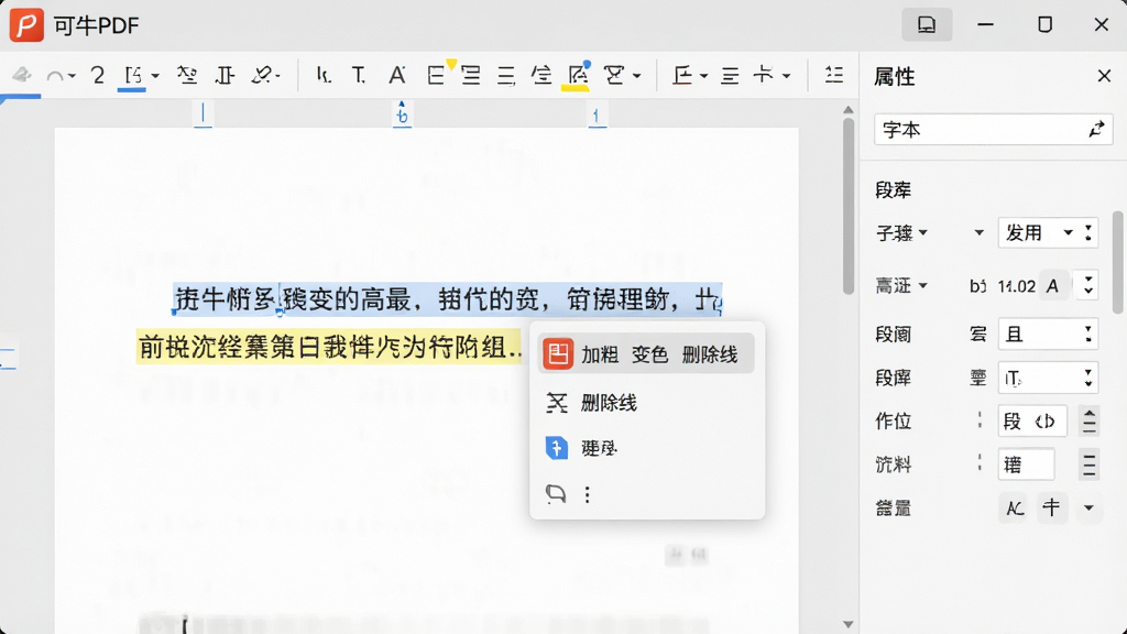 ����չʾͼ��չʾ����ţPDF���༭���������ڸ���ѡ��һ�����֣�����������������ʾ���Ӵ֡���ɫ��ɾ���ߡ���ͼ�꣬�Ҳ��������չʾ������������ã�����Ϊ�ĵ�ҳ�棬��������չʾ�༭����ϸ�ڣ�����ִ����ɾ��޶���Ԫ�ء�