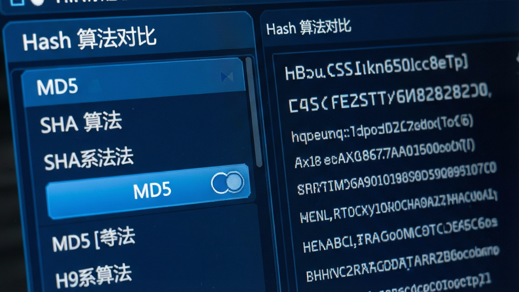 Hash�������ܽ�����д����Ļ����г�MD5��SHAϵ���㷨�б����Ҳ���ʾ��Ӧ���ɵĸ����ַ�����ϣֵ������Ϊ���ҷ��������Ƽ�����ɫ��ϸ��չʾ�㷨�л���ť��ѡ��״̬�����ֱ�ǩΪ