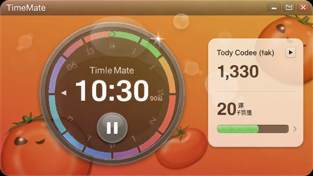 TimeMate �ķ�����רע���棬����Ϊ����Բ�ε���ʱ������ͣ��ť�����־��У��Ա�չʾ����רע������Ŀ����ȣ�������ﻯ��ůɫ���䱳����ϸ�ڰ������Ч����ʱ�����֣�����ϸ�壬��Ļ��ʾ��TimeMate��