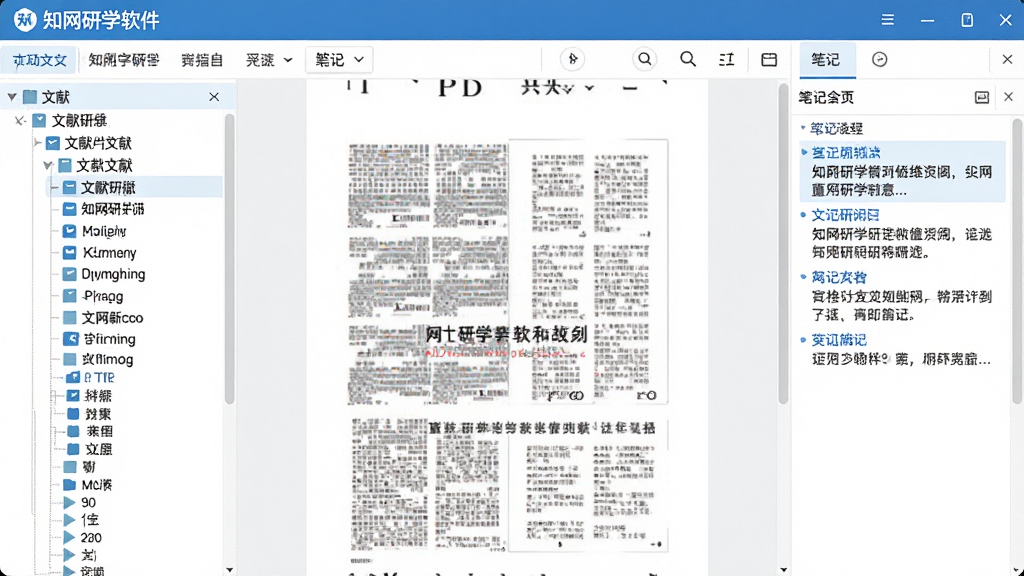 一幅展示知网研学软件主界面的高清截图,界面左侧为文献目录树,中间为PDF阅读区,右侧为笔记摘录区,整体布局清晰,风格简约专业,色调以蓝白为主,画质干净,无多余元素