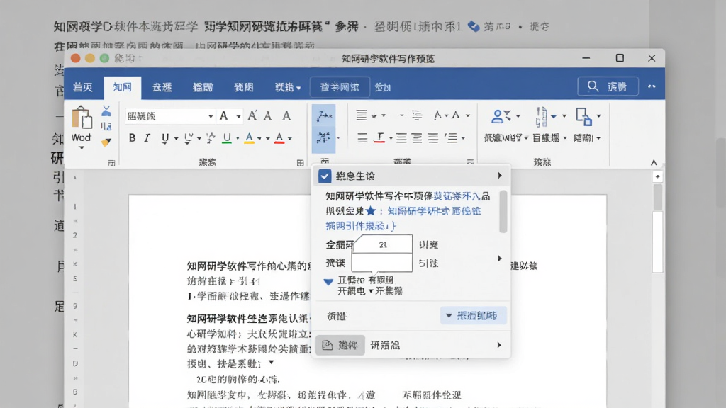 知网研学软件写作界面预览图,显示Word文档中插入引文的下拉菜单,背景为论文草稿,界面简洁,功能按钮清晰,风格专业,画质干净
