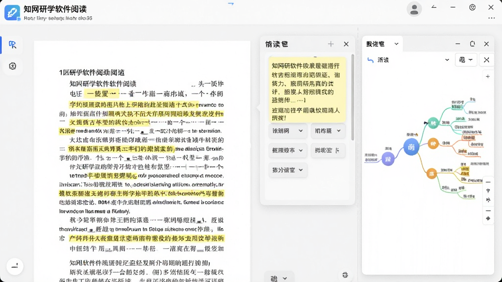 知网研学软件阅读界面截图,展示PDF文档右侧悬浮笔记栏与思维导图窗口,文字高亮呈黄色,界面布局左右分栏,色调柔和,画质细腻