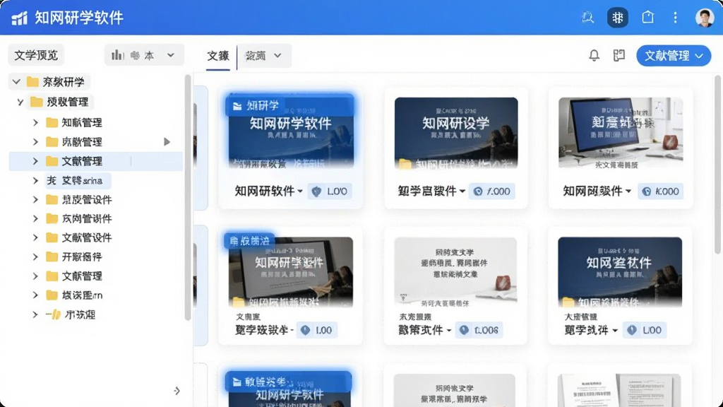 知网研学软件文献管理功能界面预览图,展示左侧多级文件夹分类和右侧文献列表缩略图,界面采用卡片式布局,配有蓝色高亮标签,整体风格清新商务,画质清晰干净