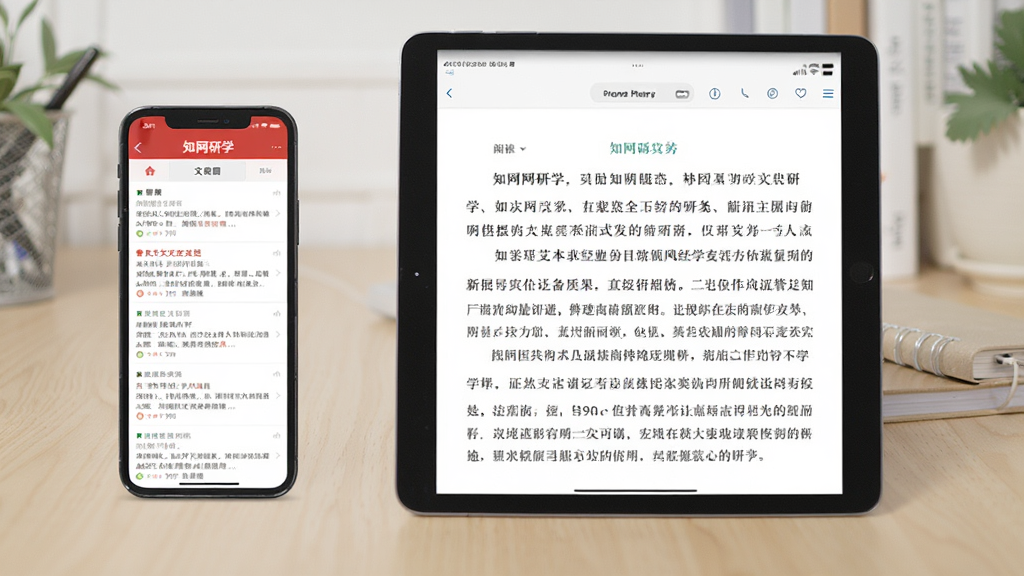 一张显示知网研学在手机和平板上的使用场景图,手机屏幕显示文献列表,平板显示阅读界面,背景为书桌,整体风格明亮整洁,画质清晰