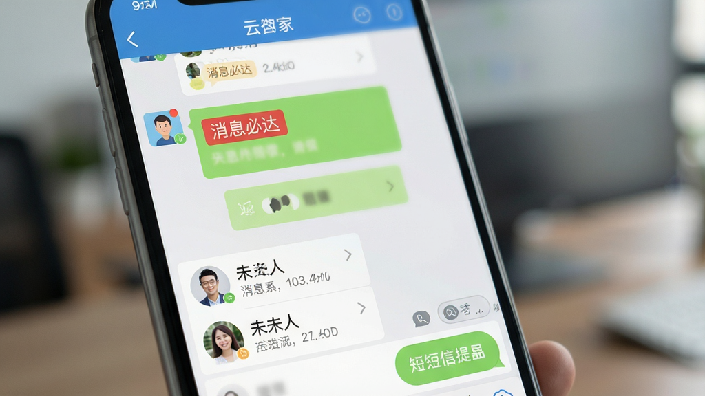 云之家聊天界面特写,屏幕显示带有“消息必达”红色标记的对话窗口,下方有未读联系人列表与短信提醒按钮,背景虚化突出主体,界面配色清新,风格写实,细节清晰,画质干净,无多余元素
