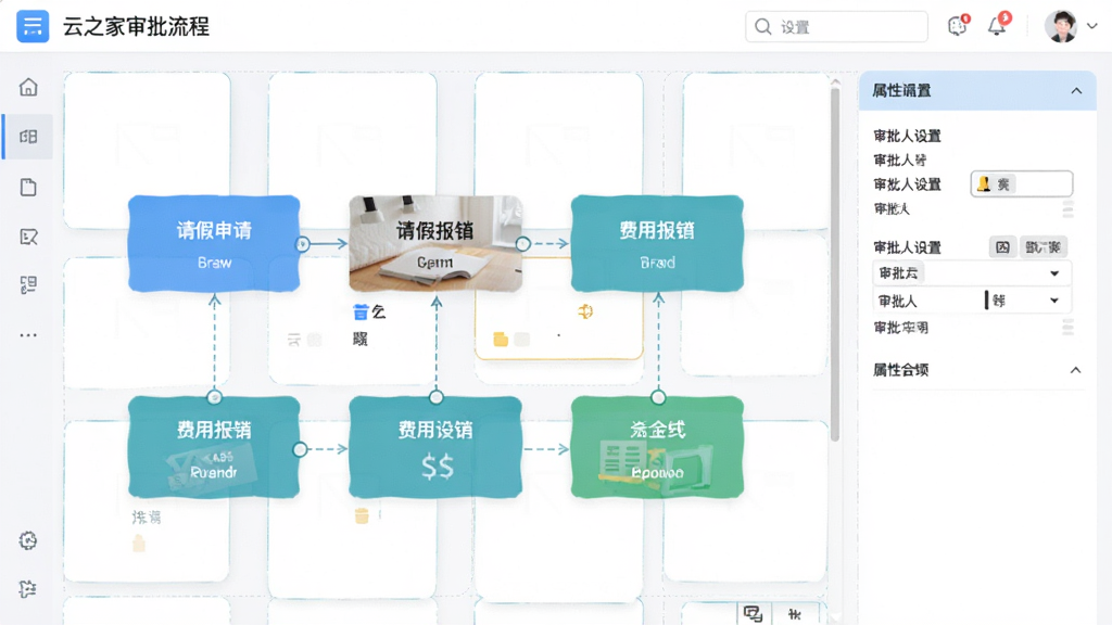 云之家审批流程创建页面,展示拖拽式流程设计画布,包含“请假申请”“费用报销”等多个节点卡片,右侧属性栏显示审批人设置,整体风格扁平化,色调明亮,布局清晰,细节丰富,画质干净,无多余元素