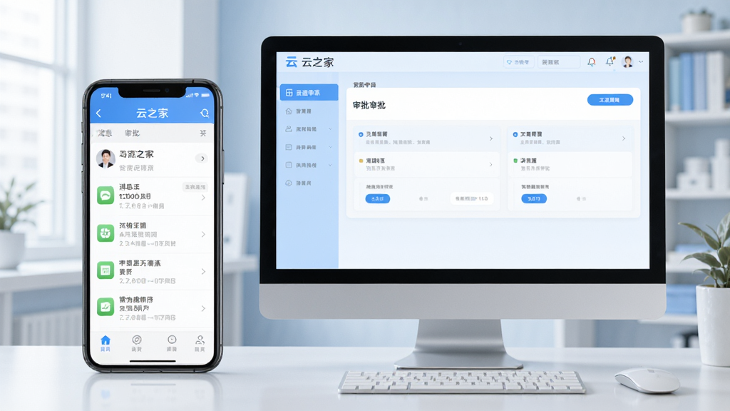 手机与电脑并排展示云之家界面的场景,手机屏幕上显示消息列表,电脑屏幕展示审批后台,整体色调浅蓝,风格写实,布局平衡,细节清晰,画质干净,无多余元素