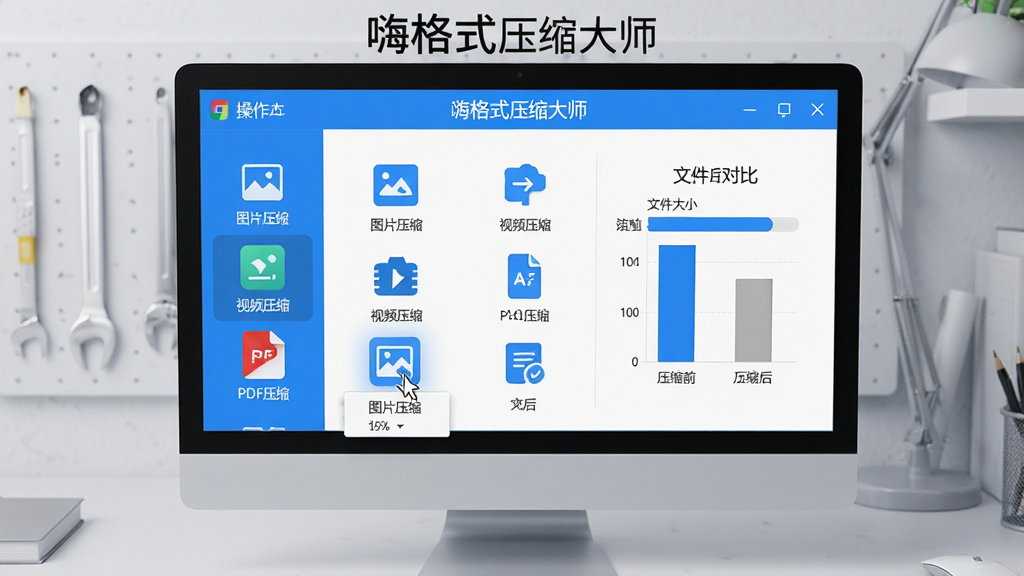 ���壺������Ļǰ��ʾ�˸�ʽѹ����ʦ�Ĳ������棬�����������������ͼƬѹ������Ƶѹ����PDFѹ����ͼ�ꡣ���֣�������У�����Ϊǳ��ɫ����̨����Ļ�Ϸ����������ơ��˸�ʽѹ����ʦ���������Ű棺����ͼ���������У��Ҳ���ʾѹ��ǰ����ļ���С�Ա�������񣺿Ƽ������ִ���Լ��ϣ�ɫ�����£�������ɫ������ϸ�ڣ����ָ����ͣ�ڡ�ͼƬѹ������ť�ϣ��·����������˵������ʣ�������Ⱦ��ϸ���������ɾ��޶���Ԫ�ء�
