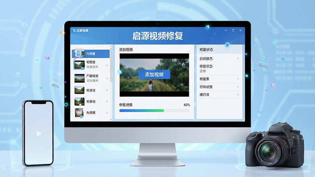 ���壺������Ļ��ʾ����Դ��Ƶ�޸������������棬�������С�������Ƶ����ť���޸����������Ա߰ڷ�һ̨�ֻ���һ̨������������豸��Ƶ�޸������֣�����������У����Ϊ��Ƶ�ļ��б����Ҳ�Ϊ�޸�״̬���飬����Ϊǳ��ɫ�Ƽ��н��䣻�Ű棺�����η�����ͼ�����������ֱ�ǩ����Դ��Ƶ�޸������ڽ��涥�����룻���дʵ�Ƽ��������ͨ͸���ɾ����ࣻϸ�ڣ���Ļ��ģ����ʾһ����Ƶ�ļ������޸���������Լ60%����Χ��������΢С�������ӣ����ʣ�8K���壬����ϸ�壬�ɾ����޶���Ԫ�ء�
