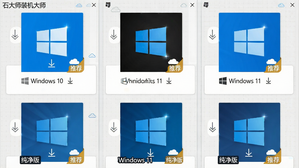 ����Ϊ��ʯ��ʦװ����ʦ���ľ������棬ƽ��չʾWindows 10��Windows 11�ȶ��ϵͳ����ͼ�꣬ÿ��ͼ���·��С������桱���Ƽ����Ǳ꣬���汳��Ϊǳ�����񣬲��־Ź���ʽ���Ű����룬�����ˬ��Լ��ϸ�������ؼ�ͷ���ƶ��׺������ͨ͸�ɾ����޶���Ԫ��