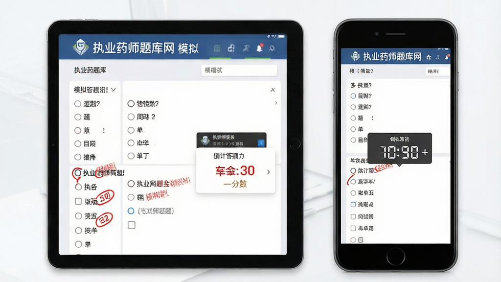 执业药师题库网模拟考试场景,主体为平板电脑与手机并排展示,屏幕显示“执业药师题库网”模拟答题界面,包含多选题、单选题界面与倒计时时钟,布局左右对称,排版清晰,商务教育风格,细节有红色标记错题、分数弹窗,画质干净明亮,无多余元素