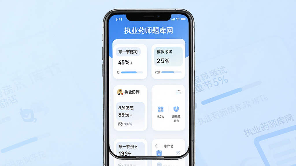 执业药师题库网app界面截图,展示手机屏幕中题库列表与答题页面,主体为一部智能手机居中,屏幕内显示“执业药师题库网”字样及章节练习、模拟考试等功能卡片,背景为淡蓝色渐变,布局简洁清爽,排版规整,现代扁平化风格,细节包括圆角卡片、进度条百分比,画质高清干净,无多余元素