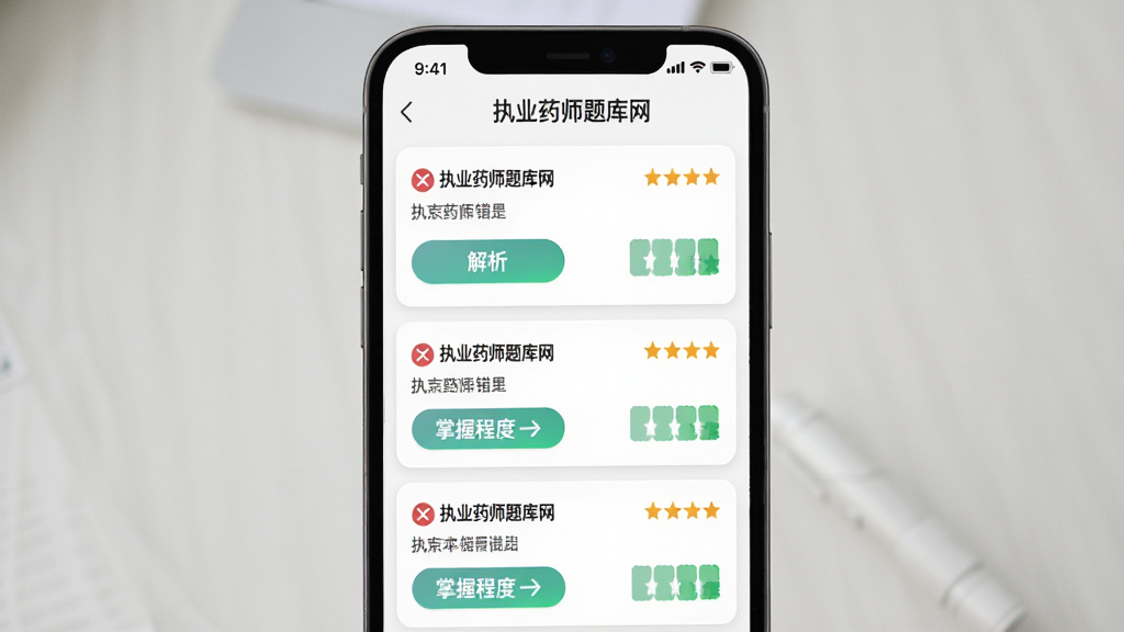 执业药师题库网错题本功能预览,主体为手机屏幕特写,界面显示“执业药师题库网”错题列表,每条错题附有解析按钮与掌握程度星级,布局纵向滚动列表,排版简洁,清新简约风格,细节包括红色叉号标记、绿色掌握状态,画质细腻柔和,无多余元素