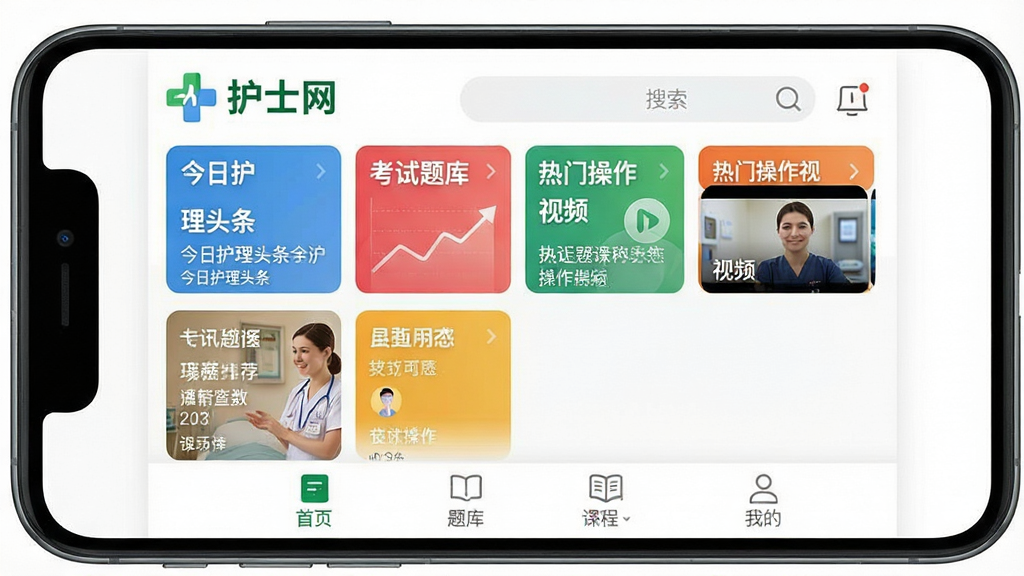 һ�������ֻ���Ļչʾ��ʿ��App�����棬���涥���л�ʿ����ɫLogo�����������в����ÿ�Ƭʽ����չʾ���ջ���ͷ������������Ƽ������Ų�����Ƶ�Ȳ�ɫģ�飬�ײ�������������ע��ҳ����⡢�γ̡��ҵ��ĸ�ͼ�꣬����������������ƽ����ƣ�UI�����ִ������ʸ��壬�޶���Ԫ��