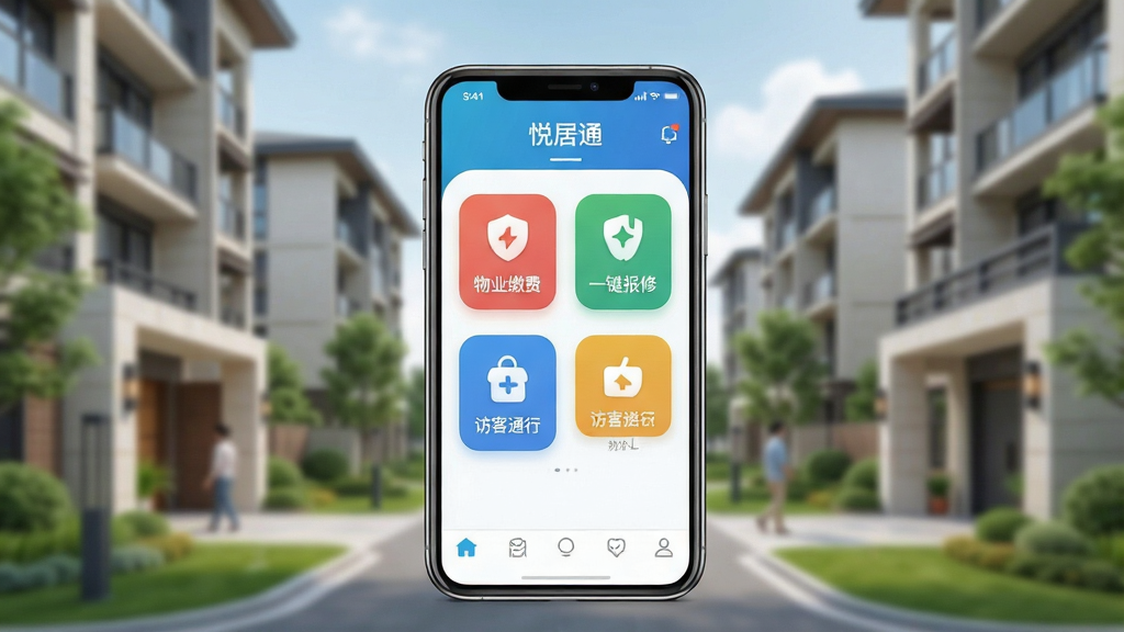 一张展示“悦居通”智慧社区服务全貌的手机应用界面预览图,画面中央是一台亮屏的智能手机,屏幕上清晰显示“悦居通”App首页,包含物业缴费、一键报修、访客通行等彩色功能图标,背景为模糊处理的现代住宅小区景观,整体布局干净整洁,排版清晰,风格写实明亮,细节丰富,画质高清,干净无多余元素