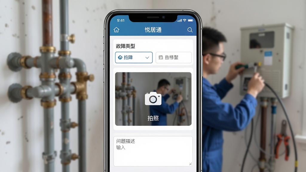 一张展示“悦居通”一键报修功能的手机截图,画面中手机屏幕显示“悦居通”App的报修页面,包含故障类型选择、拍照上传区域、问题描述输入框,背景为模糊的室内水管或电器维修场景,布局居中,排版简洁,风格写实,细节丰富,画质高清,干净无多余元素