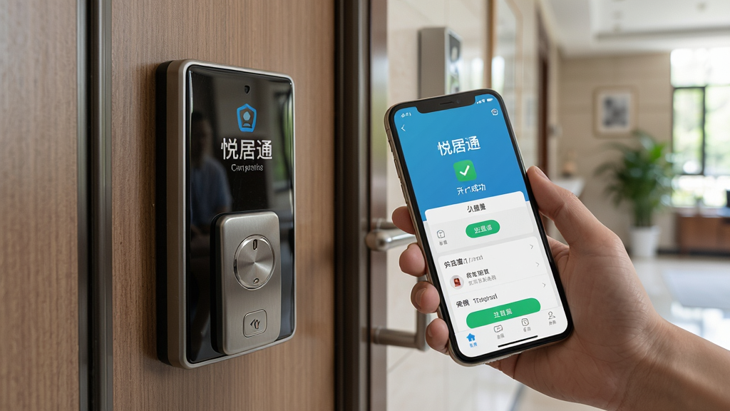 一张展示用户正在使用“悦居通”App进行手机开门或查看社区公告的实拍场景图,画面中一只手拿着手机对准单元门禁,屏幕显示“悦居通”的开门成功界面或公告列表,背景为小区大堂,布局自然,排版清晰,风格写实,细节真实,画质高清,干净无多余元素