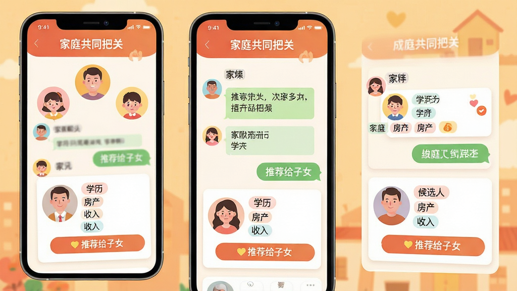 ���壺�ɼ�����App�ļҳ��˽��棻���֣��ֻ���Ļ��ʾ��ͥȺ��Ի����ѡ�����Ͽ�Ƭ����ĸ����Ůͷ��Χ��һȦ���Ű棺������ÿ�Ƭʽ���֣������С���ͥ��ͬ�ѹء�������������±�ƽ�廭���ůɫ������ϸ�ڣ����Ͽ����С�ѧ�����������������롱��ǩ���ҳ��ɵ�����Ƽ�����Ů����ť�����ʣ��������ȣ�����ɾ�������