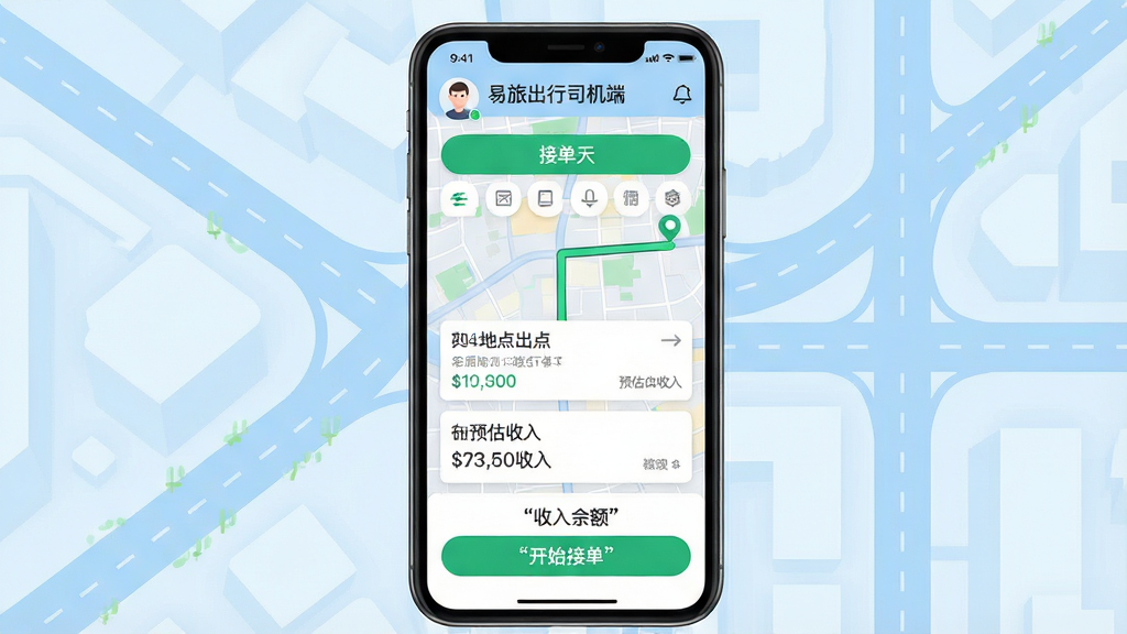 ���壺һ�������ֻ���Ļ��ʾ�����ó���˾���ˡ������棬�����нӵ�������ͼ�붩����Ƭ�����֣��ֻ����У�����Ϊǳ��ɫ���е�·��������ͼ������ɫ·�ߡ��Ű棺�ֻ���������չʾ˾��ͷ�񡢽ӵ���ť����������񣺱�ƽ��UI��ƣ������ɾ���ϸ�ڣ��ֻ���Ļ�ڶ�����Ƭ��ʾ����յ���Ԥ�����룬�ײ��С���ʼ�ӵ�����ť�����ּ����š����ʣ����壬�ɾ����޶���Ԫ�ء�