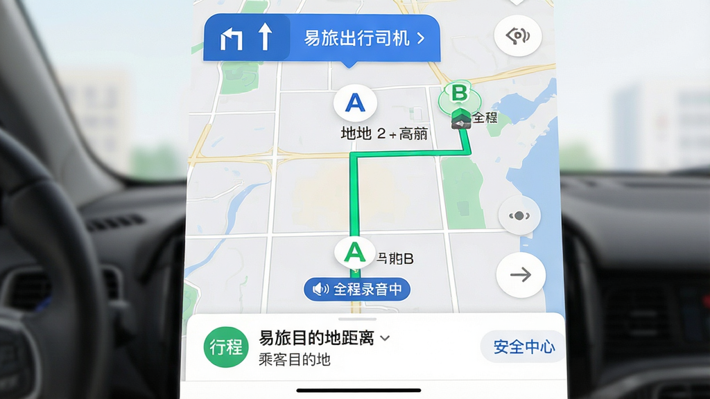 ���壺���ó���˾���˵������棬��ʾ��A�ص�B�ص�·�߹滮�����֣�ȫ����ͼģʽ���ײ����г̿�Ƭ��ʾ�˿�Ŀ�ĵ�����롣�Ű棺��ͼ����ɫ·��������������ת����ʾͼ�ꡣ��񣺸ߵµ�ͼ���UI�����ֱ�ۡ�ϸ�ڣ���ͼ�ϳ��֡�ȫ��¼���С�Сͼ�꣬�롰��ȫ���ġ���ť�����ʣ����壬�ɾ����޶���Ԫ�ء�