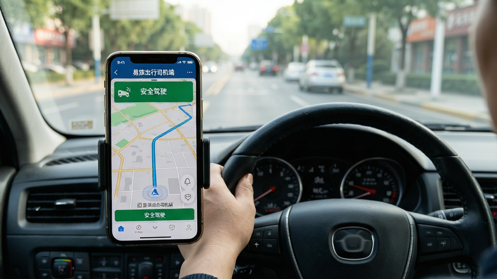 ���壺һ����Լ��˾��ʹ�����ó���˾���˽ӵ��Ļ��棬�ֻ�֧���ϵ�APP��ʾ����·�ߡ����֣���ʻ���ӽǣ����������ֻ���Ļ�����ɼ�������Ϊǰ����·���Ű棺�ֻ���Ļ��ʾ��ͼ�롰���ó���˾���ˡ����������дʵ��Ӱ�����Ȼ�⡣ϸ�ڣ���Ļ���С���ȫ��ʻ����ɫ��ʾ����·�����н־������ʣ��߷ֱ��ʣ��ɾ����޶���Ԫ�ء�