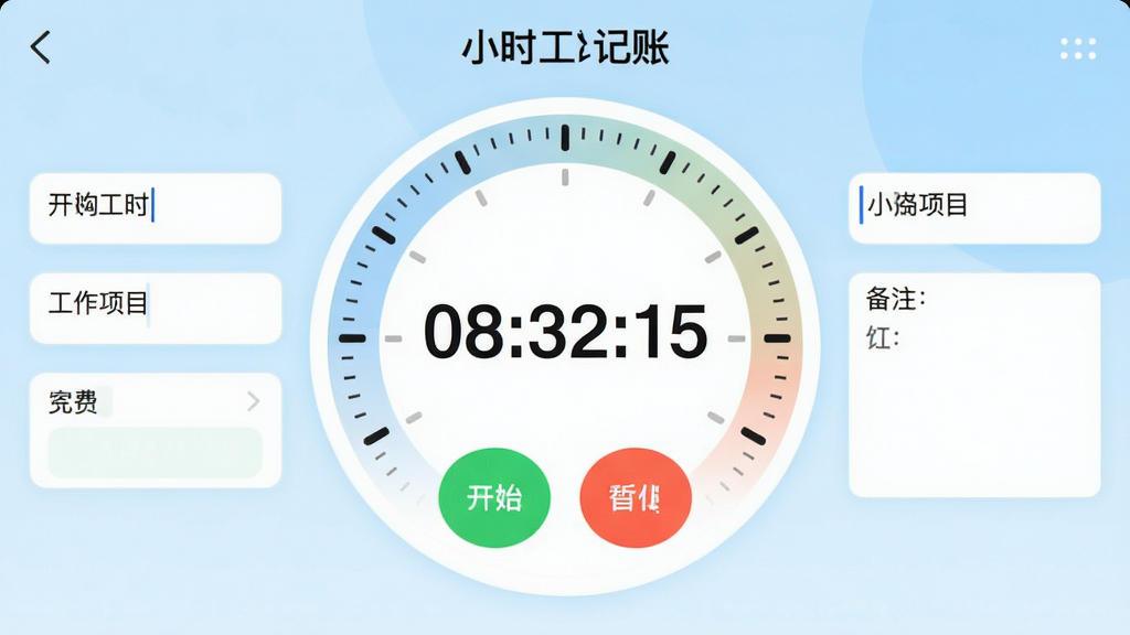 չʾ��Сʱ�����ˡ�APP�Ĺ�ʱ��ʱ�����ܽ��棬����������һ������Բ�μ�ʱ�̣���ʾ��ǰ�ۼ�ʱ����08:32:15�����·��п�ʼ����ͣ��ť����ť��ɫ��������ʱ����Χ�й�����Ŀ����������뱸ע���򣬱���Ϊ�ɾ���ǳ��ɫ���䣬�������ƽ����ϸ�ڷḻ�������������޶���Ԫ�ء�