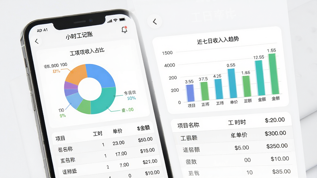 չʾ��Сʱ�����ˡ�APP��н��ͳ�ƽ��棬��Ļ���б�״ͼ����״ͼ���ֱ�չʾ��ͬ��Ŀ������ռ����������������ƣ�ͼ�·��г���ϸ�����б���ÿ�а�����Ŀ���ơ���ʱ�������������Ϊ��ɫ��Ƭʽ���֣�ͼ��ɫ�����죬���ݱ�ע���������ʸ��壬�ɾ��޶���Ԫ�ء�