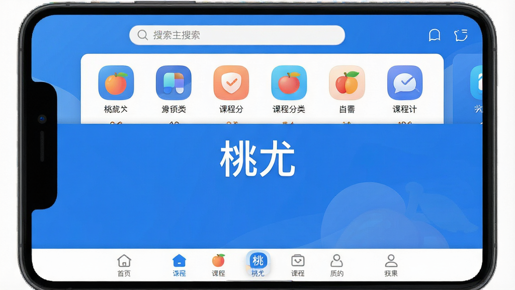 一张展示桃尤应用主界面的高清截图,界面包含顶部搜索栏、中部课程分类图标和底部导航栏,整体以蓝色和白色为主色调,布局简洁明快,图标圆润清晰,画质细腻干净,无多余元素,屏幕中央显示“桃尤”应用名称字样