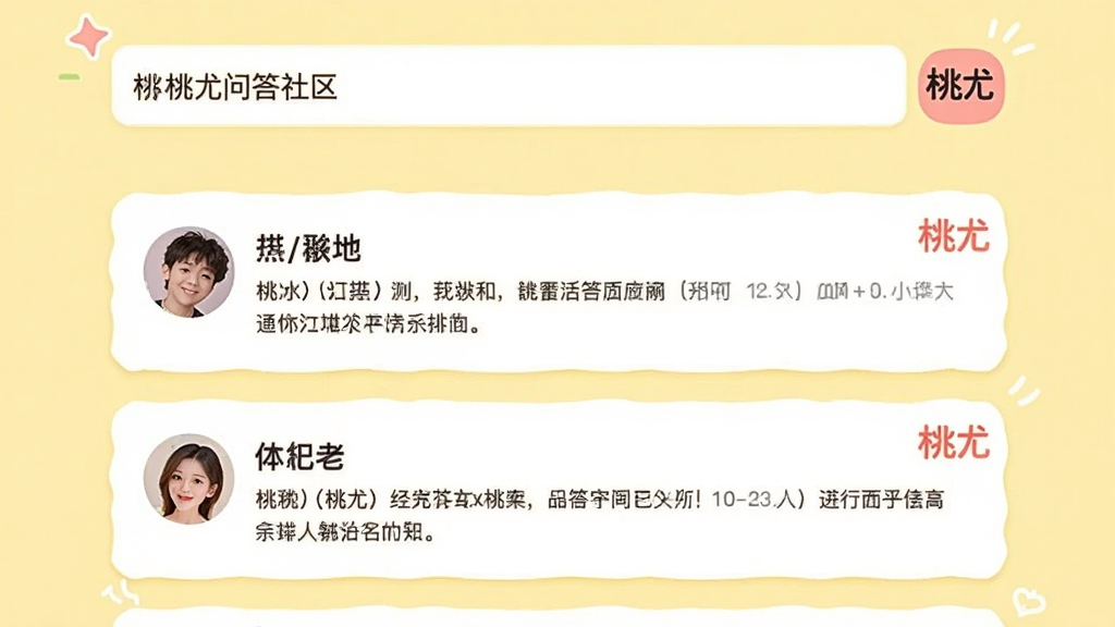 桃尤问答社区界面展示,顶部为问题输入框,下方为热门问题卡片列表,卡片上有用户头像、昵称与回答摘要,背景色为淡黄色,界面友好活泼,卡片右上角显示“桃尤”字样