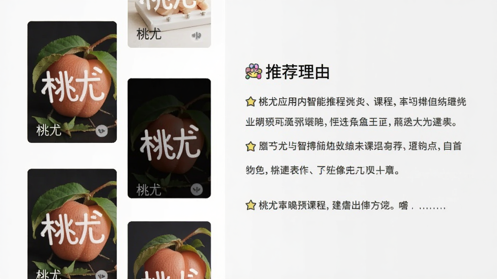 桃尤应用内智能推荐页面预览图,左侧为课程封面缩略图列表,右侧为推荐理由文字说明,背景采用浅灰色,整体排版错落有致,课程封面上带有“桃尤”logo水印,画面干净明亮