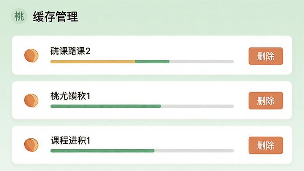 桃尤离线缓存管理页面,显示已缓存课程列表,每个项目带有进度条与删除按钮,顶部有“缓存管理”标题,背景为浅绿色,图标简洁现代,界面干净整洁,无多余装饰