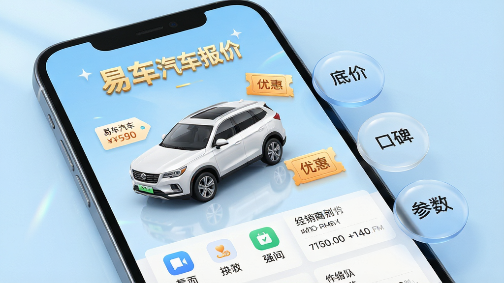 ���壺�����ֻ���Ļչʾ�׳���������Ӧ�ý��棬����������ʾһ����ɫSUV���͵���άģ�ͣ���Χ�����ż۸��ǩ���Ż�ȯͼ��;�������Ϣ��Ƭ�����֣��ֻ�λ�ڻ�������ƫ���Ҳ������Ŷ����͸��Բ�����ݰ�ť���ֱ��ע���׼ۡ������ڱ����������������Ű棺�Ϸ�������ʾ���׳��������ۡ���ɫ����⣬�·���������Ĺ���ͼ�ꡣ����ִ��Ƽ��У�����ͨ͸��ǳ��ɫ��ɫ���������ɫ�߹⣬����ɾ���ˬ��ϸ�ڣ����������������Ӱ����Ļ��UIԪ�������ɱ棬���ּ۸��ǩ���������ʣ�8K��������Ⱦ��ϸ����棬�޶���Ԫ�ء�